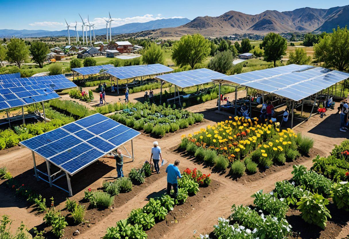 A vibrant landscape showcasing diverse eco-friendly practices: a community garden bustling with people, solar panels glistening under the sun, wind turbines in the distant hills, children planting trees, and recycling stations actively in use. The sky is bright and blue, symbolizing a hopeful future. super-realistic. vibrant colors. 3D.