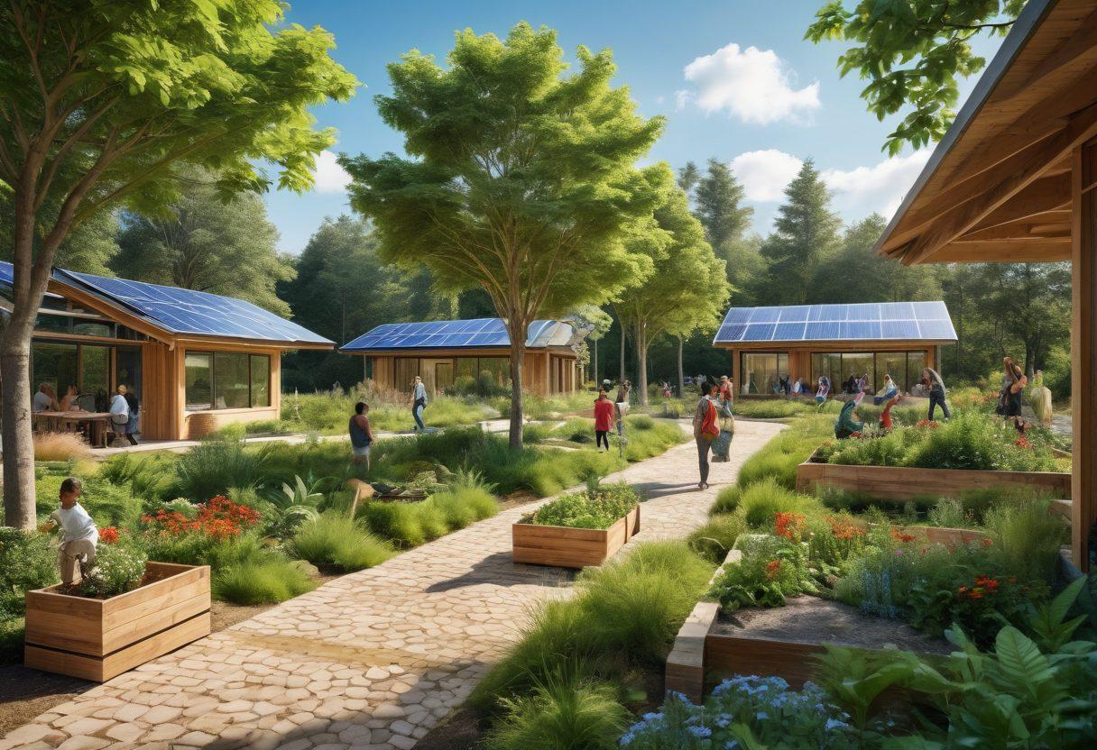 An inspiring landscape featuring a diverse group of people engaging in eco-friendly activities, such as planting trees, recycling, and using renewable energy. The background showcases a thriving green forest with vibrant plant life, a clear blue sky, and sustainable buildings. Emphasize a sense of community and collaboration, with smiles and enthusiasm on their faces. The color palette should be rich and lively, reflecting nature's beauty. super-realistic. vibrant colors.