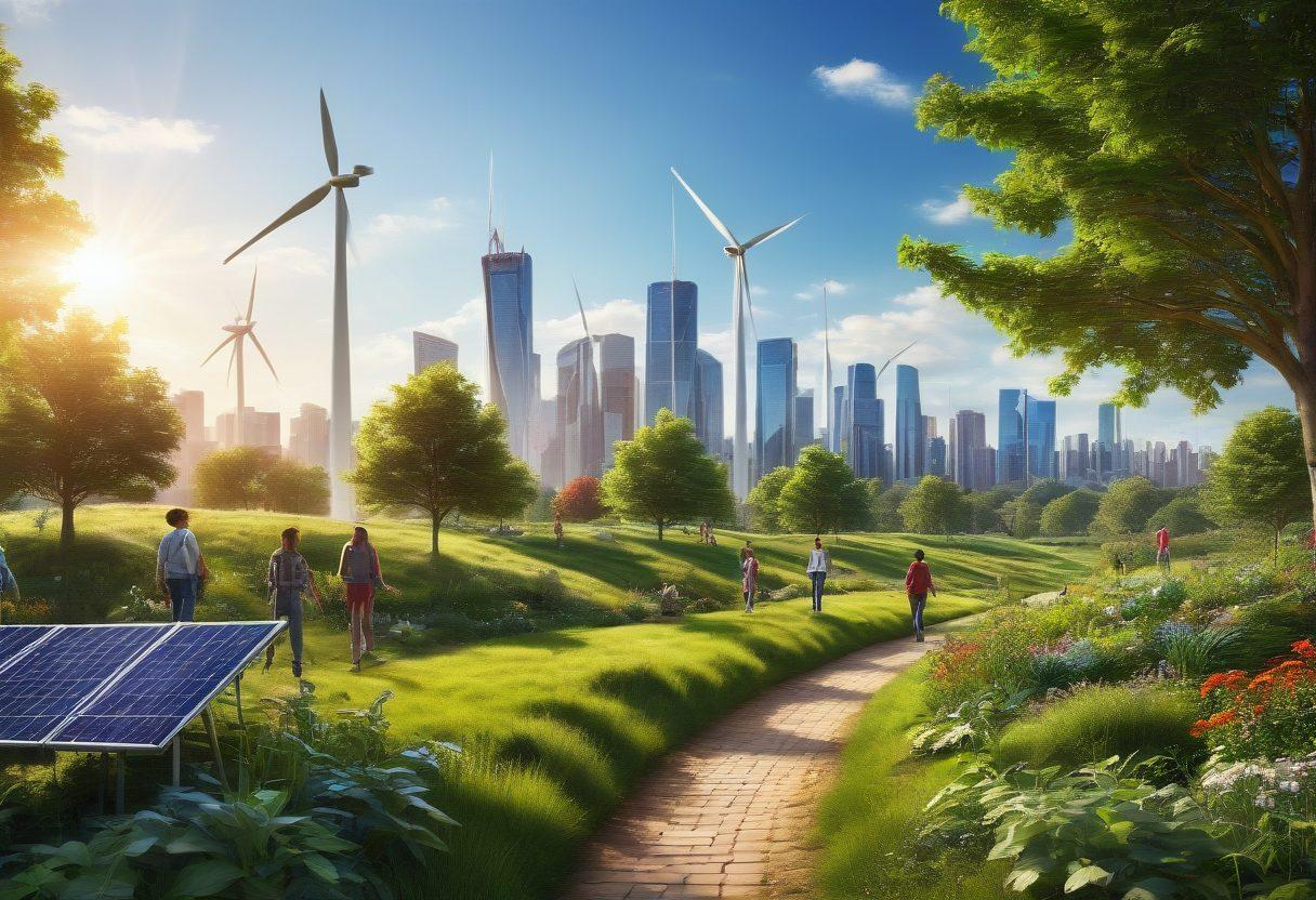 A lush green landscape featuring diverse plants and trees thriving in the sunlight, with a group of diverse individuals actively participating in eco-friendly practices like planting trees and recycling. In the background, a city skyline with solar panels and wind turbines symbolizes sustainability. The atmosphere is vibrant and hopeful, with a clear blue sky. super-realistic. vibrant colors.